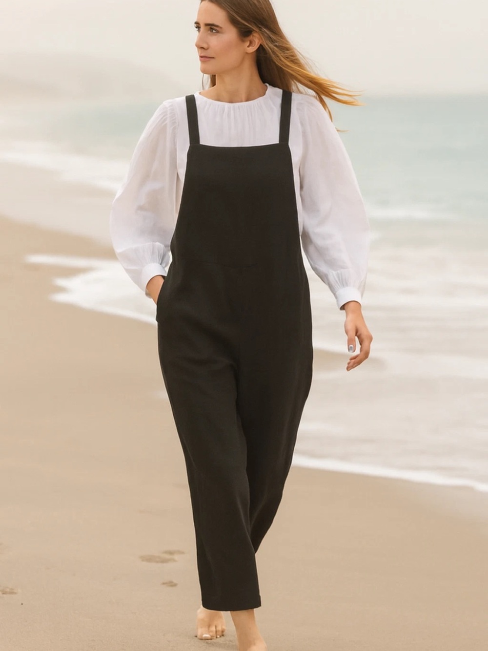 Eileen Fisher Black Overalls Jumpsuit Size Small Pockets Tencel